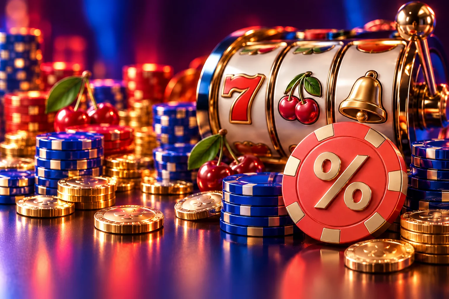 Spillehjul, casinobrikker og et procenttegn som symboler på forskellige casinobonusser